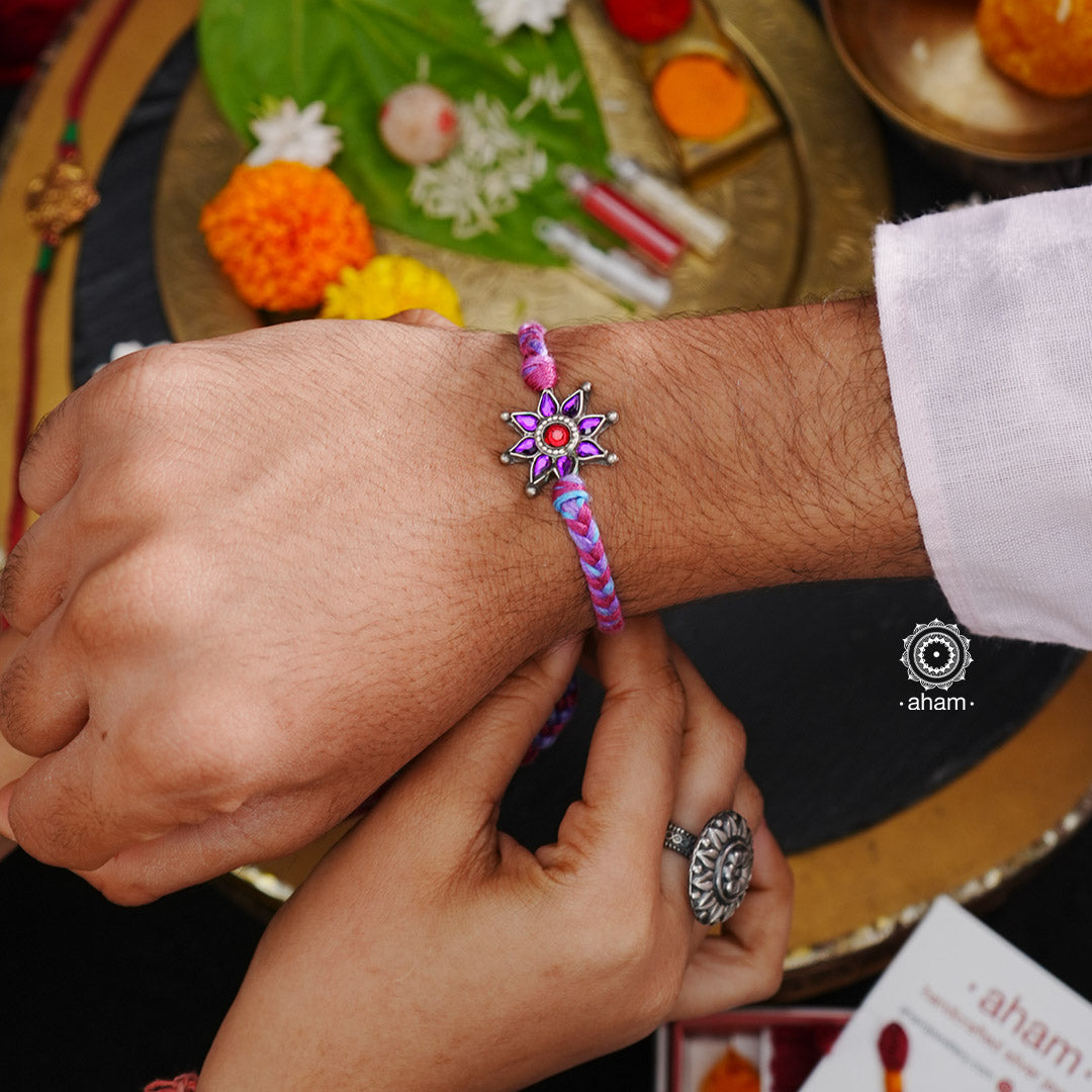 Purple Flower Silver Rakhi