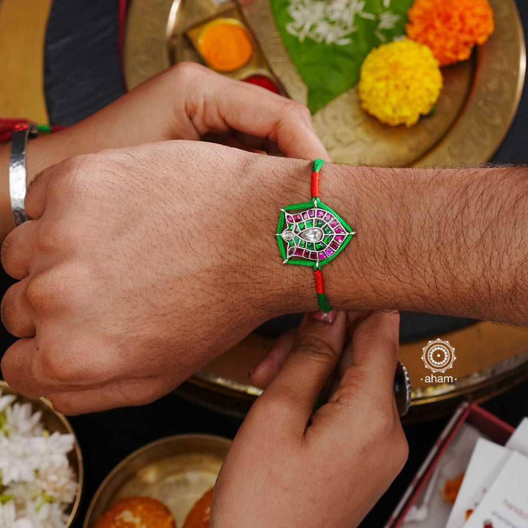 Kundan Flower Silver Rakhi