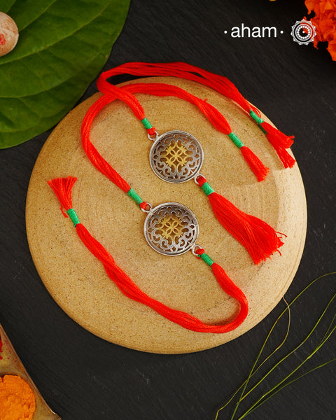 Two Tone Mandala Silver Rakhi And Lumba Set