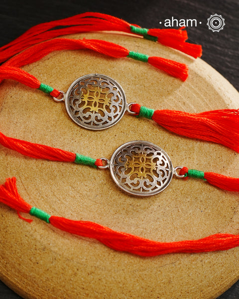 Two Tone Mandala Silver Rakhi And Lumba Set