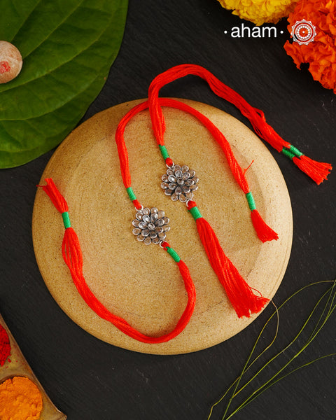 Zircon Flower Silver Rakhi And Lumba Set