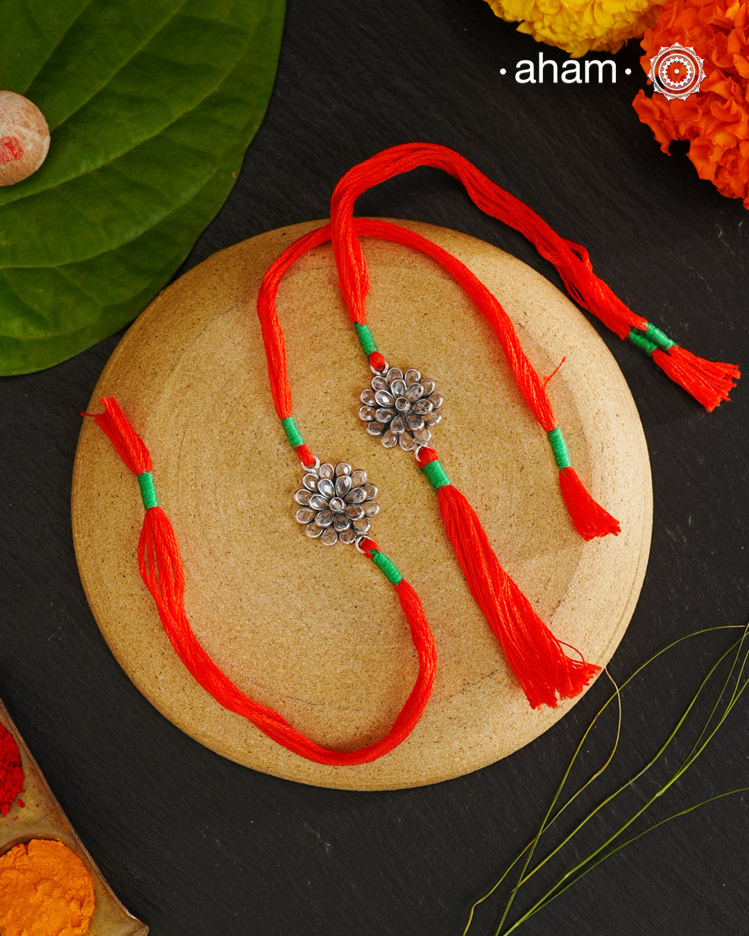Zircon Flower Silver Rakhi And Lumba Set