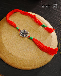 Zircon Flower Silver Rakhi And Lumba Set