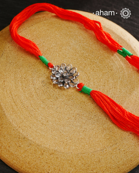 Zircon Flower Silver Rakhi And Lumba Set