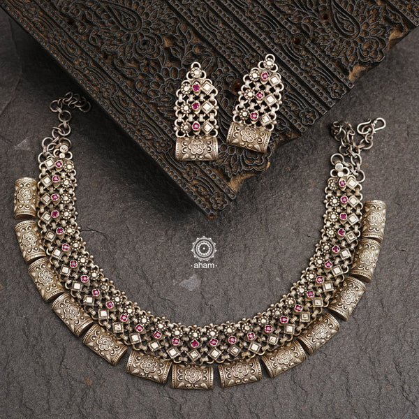 Handcrafted 92.5 sterling silver short peacock neckpiece and earrings set with beautiful paisley motifs in kemp stone setting, rose quartz semi precious stones and cultured pearls.