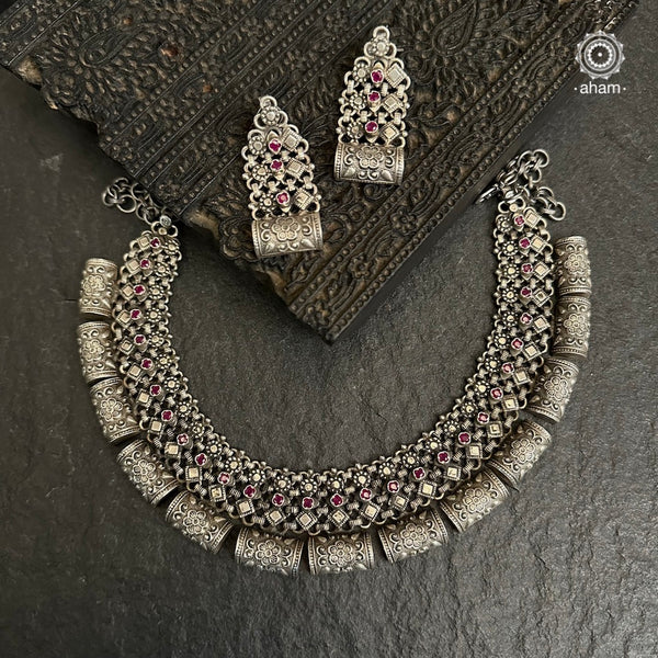 Handcrafted 92.5 sterling silver short peacock neckpiece and earrings set with beautiful paisley motifs in kemp stone setting, rose quartz semi precious stones and cultured pearls.