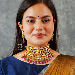 Jewellery is an art and it hold a great amount of cultural significance. This neckpiece earring set is a fine example of a traditional designs that never go out of style. Jadua Kundan set in sterling silver, dipped in gold and with beautiful semi precious stone highlights. Perfect for intimate weddings and upcoming festive celebrations.