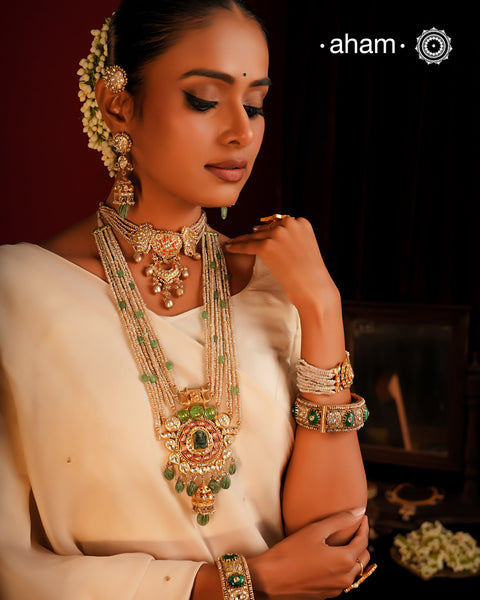 Ganesha & Pearls Gold Polish Silver Neckpiece & Earrings Set