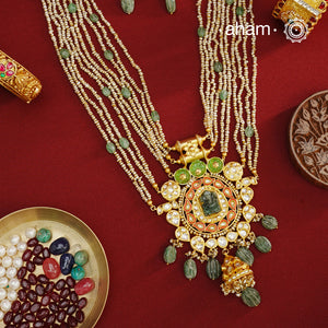 Ganesha & Pearls Gold Polish Silver Neckpiece & Earrings Set