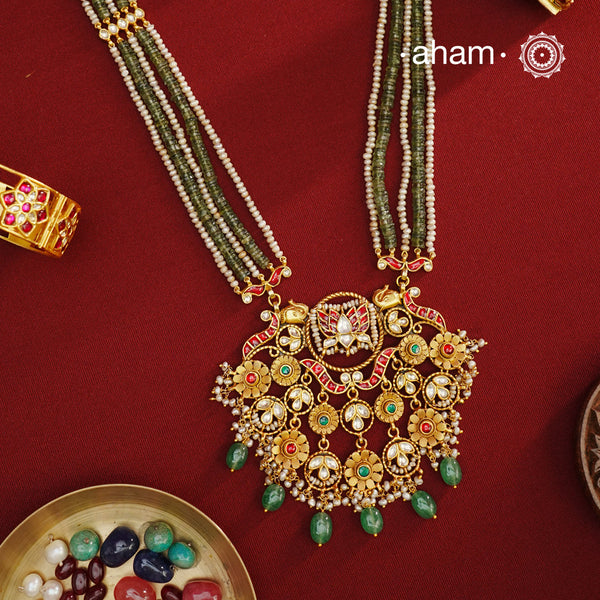 Festive Kundan Pearl Gold Polish Silver Neckpiece & Earrings Set