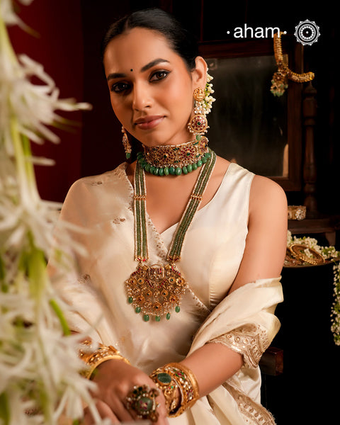 Festive Kundan Pearl Gold Polish Silver Neckpiece & Earrings Set
