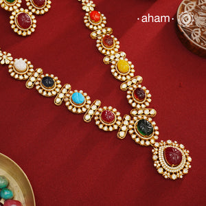 Navratna Gold Polish Silver Neckpiece & Earrings Set