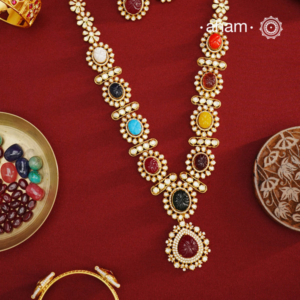 Navratna Gold Polish Silver Neckpiece & Earrings Set