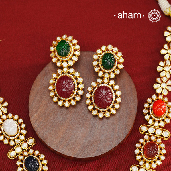 Navratna Gold Polish Silver Neckpiece & Earrings Set
