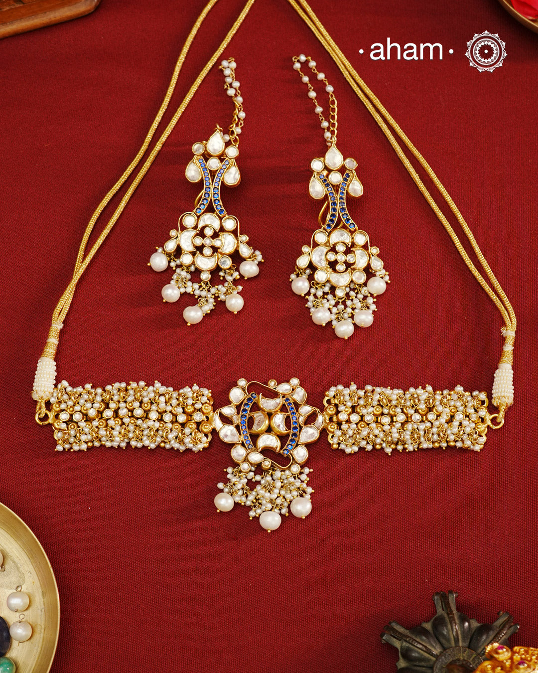 Kundan Pearl Gold Polish Silver Neckpiece & Earrings Set