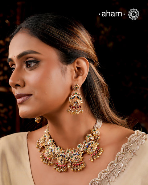 Kalignathi Gold Polish Silver Neckpiece & Earrings Set