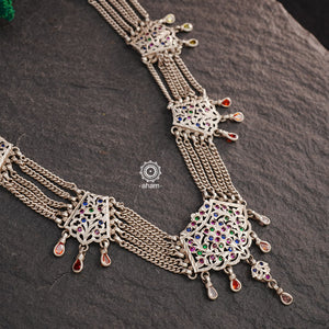 Experience the cultural elegance with our Vintage Tribal Silver Neckpiece. Adorned with intricate chilai work, it boasts a stunning vintage design. Made for those who appreciate traditional craftsmanship, this neckpiece adds a touch of sophisticated charm to any outfit. Embrace the heritage and elevate your style.