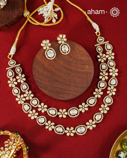Moissanite Gold Polish Silver Neckpiece & Earrings Set