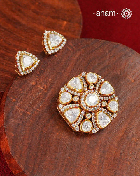 Moissanite Gold Polish Silver Pendant Earring Set