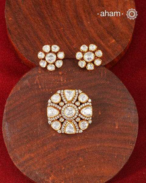 Moissanite Gold Polish Silver Pendant Earring Set