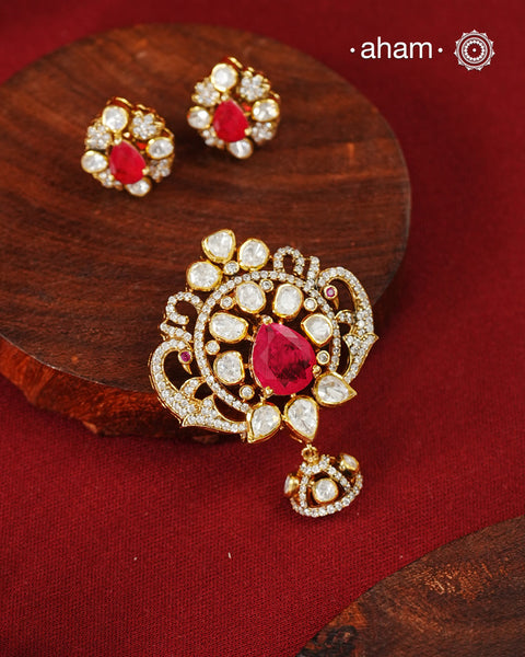 Moissanite Peacock Gold Polish Silver Pendant Earring Set