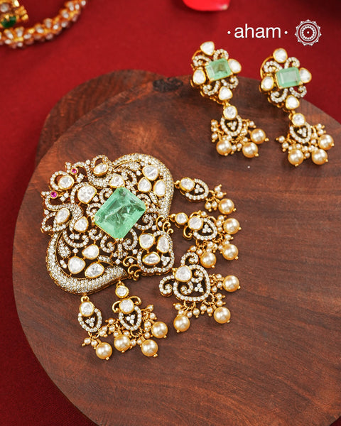 Moissanite Peacock Gold Polish Silver Pendant Earring Set