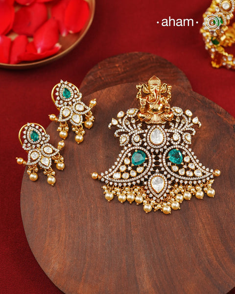 Moissanite Ganesha Gold Polish Silver Pendant Earring Set