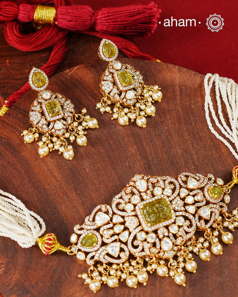 Moissanite Gold Polish Silver Choker & Earrings Set