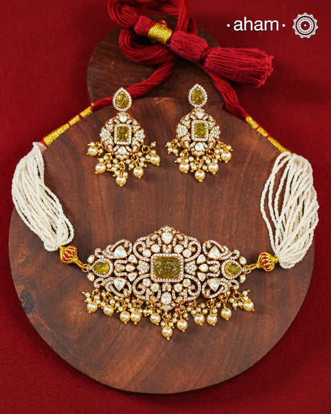 Moissanite Gold Polish Silver Choker & Earrings Set