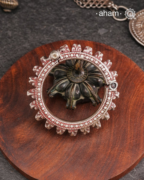 Vintage Handcrafted silver kada.The bangle has red tint to it probably due to kumkum smeared on it by the original wearer. To keep the authenticity of the bangle we have not replosihed it.