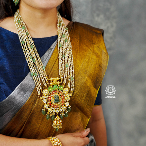 Ganesha & Pearls Gold Polish Silver Neckpiece & Earrings Set