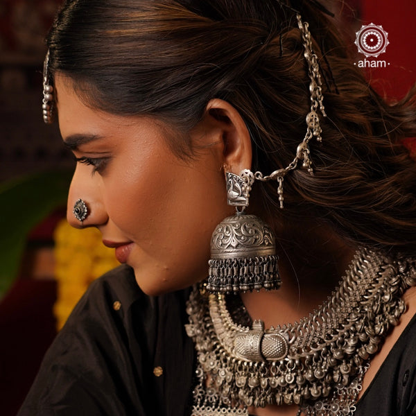 Mewad Statement jhumkie handcrafted in 92.5 sterling silver and comes with a vinatge earchain. This oversized earring is a bound to make a statement and is not for the faint hearted