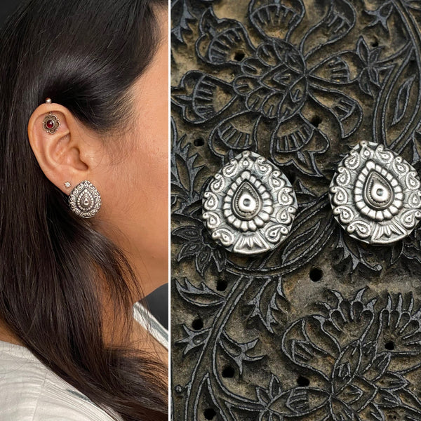 Mewad paisley drop studs handcrafted in 92.5 sterling silver. An ode to the glorious state of Rajasthan. Light weight earrings great as everyday and ethnic wear.