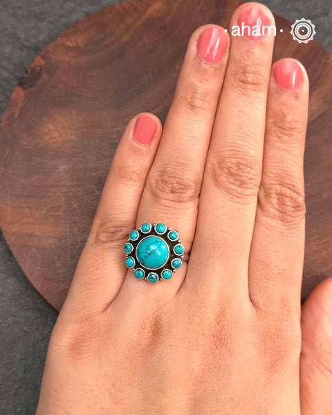 Summer Love Flower Silver Ring in 92.5 sterling silver with amalgamated turquoise stone setting. A beautiful ring to wear to work and to add a pop of colour to your outfit.