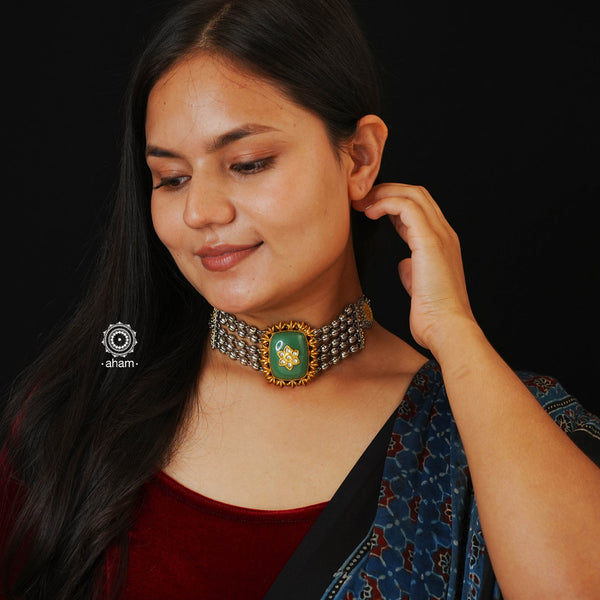 Statement Noori two tone choker with an elegant floral inlay work chalcedony stone. A meticulous mix of royalty and artistry, handcrafted in 92.5 sterling silver with layered ball chain and floral work. Perfect for intimate special occasions and festivities.