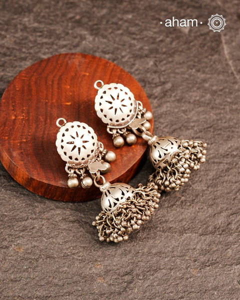 Statement Tribal Silver Jhumkie Earrings - These bold, handcrafted silver jhumkie earrings come with cut work on them and delicate mini jhumkies tied at the bottom.