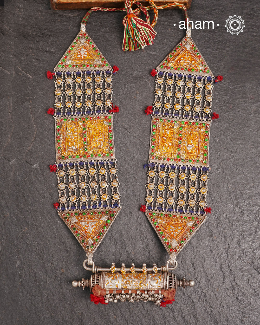 Tribal Silver Jaisalmeri Rani Har.These beautiful vintage pieces carry a slice of history with them.They are made by skilled artisans and involve various hand technique such as soldering, hammering, casting, stamping, dapping and stone setting. 