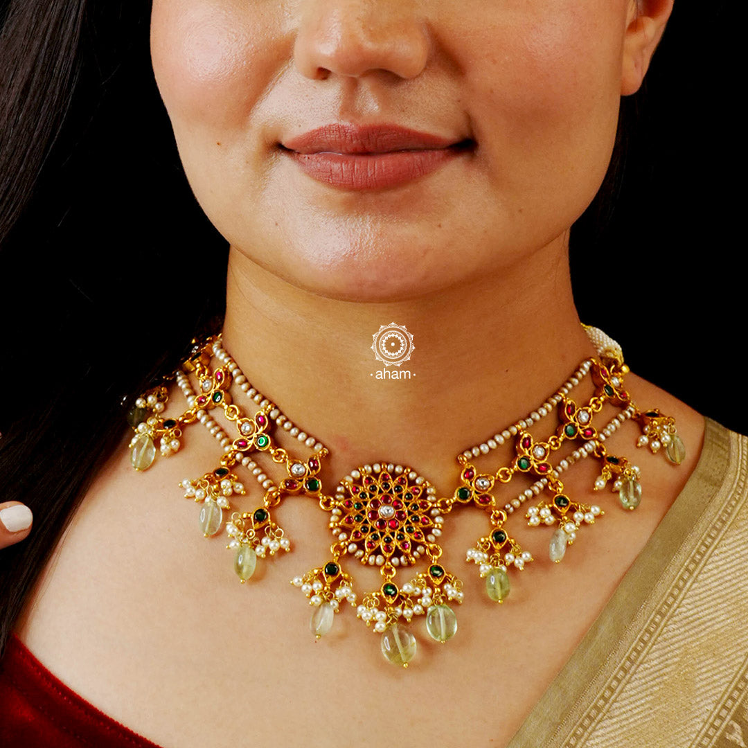 Flower Green Drop Gold Polish Silver Choker