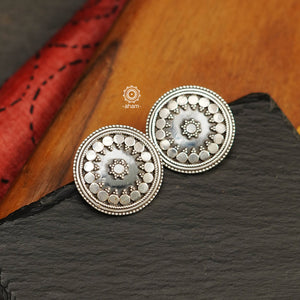 Mewad 92.5 sterling silver earrings with fine rava work. Great for everyday and workwear.