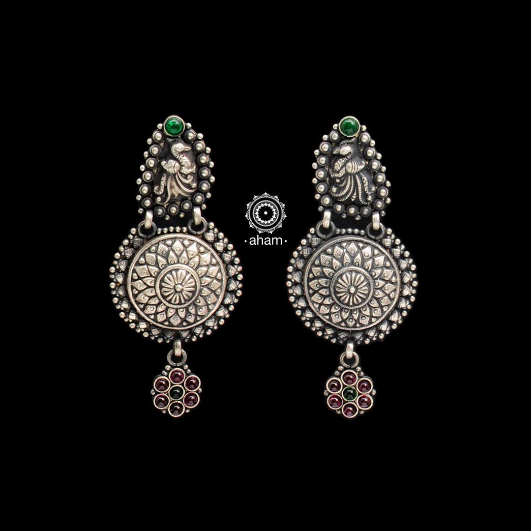 Elegant and beautiful Nakshi peacock earrings handcrafted in 92.5 sterling silver.