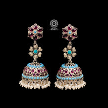 Handcrafted pair of Nrityam three layer jhumkie earrings in 92.5 sterling silver. Including floral motifs, blue and kemp stone setting and hanging cultured pearls. 