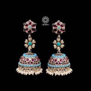 Handcrafted pair of Nrityam three layer jhumkie earrings in 92.5 sterling silver. Including floral motifs, blue and kemp stone setting and hanging cultured pearls. 
