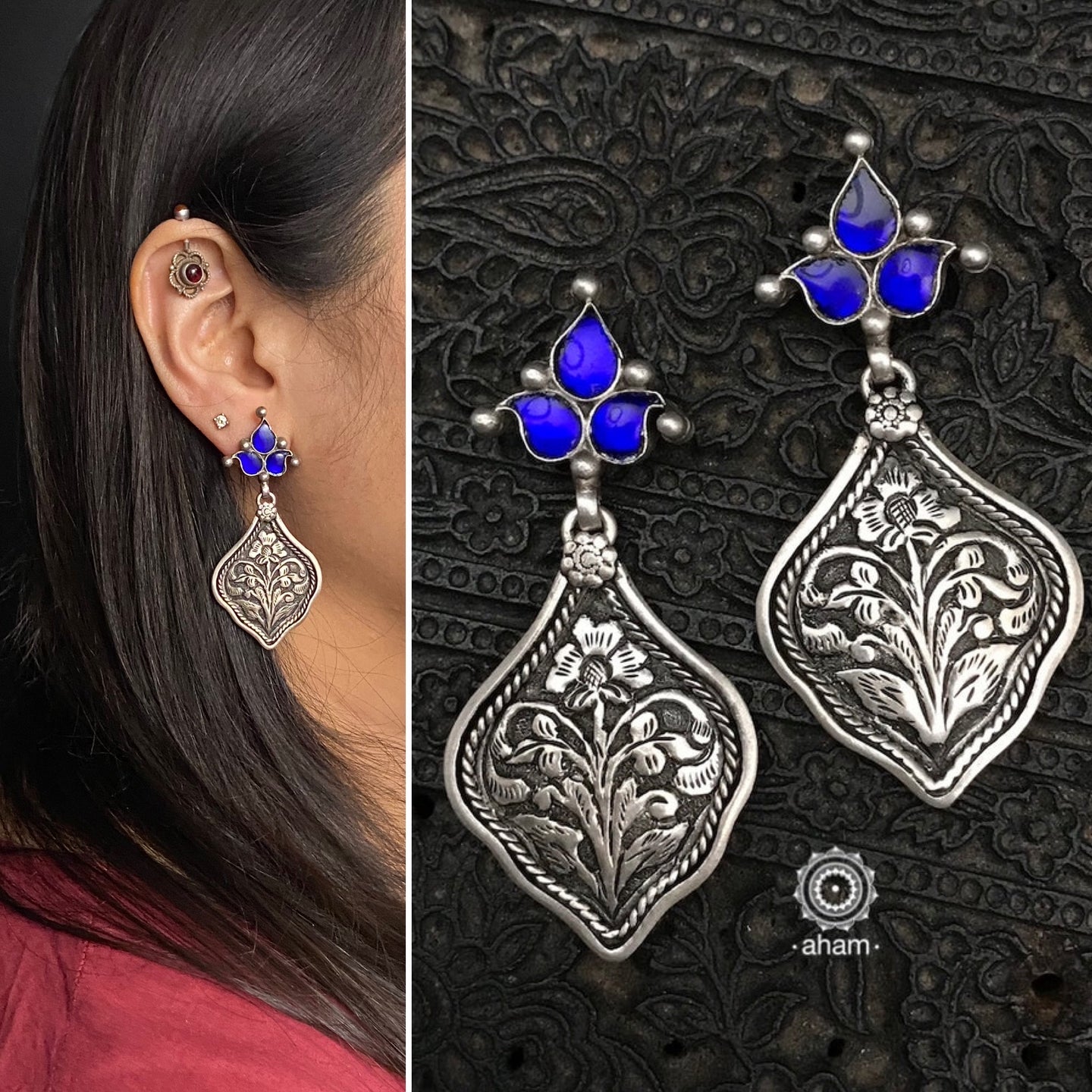 Mewad flower earrings in 92.5 sterling silver with beautiful chitai work. An ode to the glorious state of Rajasthan.