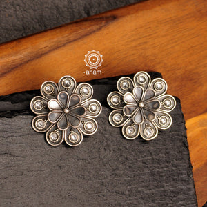 Mewad flower studs handcrafted in 92.5 sterling silver. An ode to the glorious state of Rajasthan. Great as work and everyday wear earrings. 