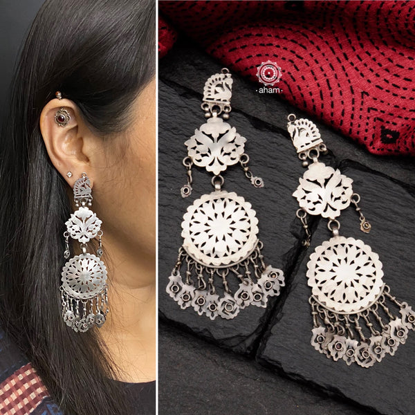 Mewad cutwork peacock earrings handcrafted in silver. An ode to the glorious state of Rajasthan. Light weight earrings that look great with both ethnic and western outfits. 