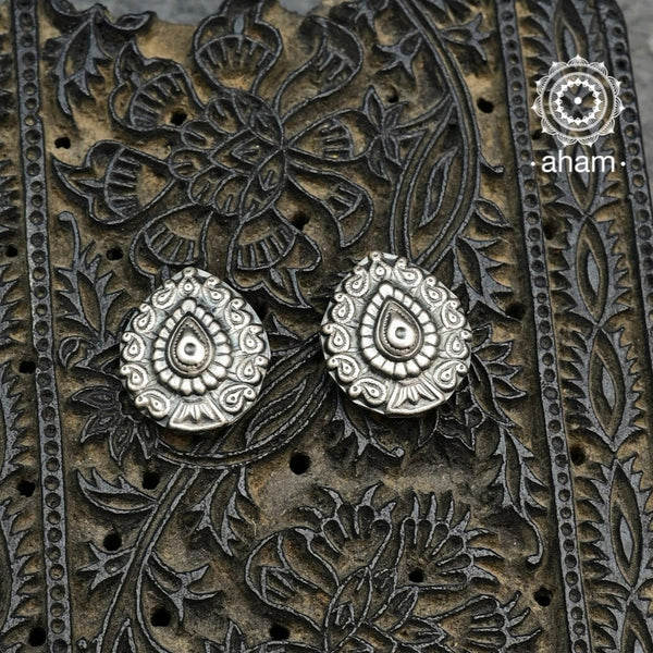 Mewad paisley studs handcrafted in 92.5 sterling silver. An ode to the glorious state of Rajasthan. Light weight earrings great as everyday and ethnic wear. 
