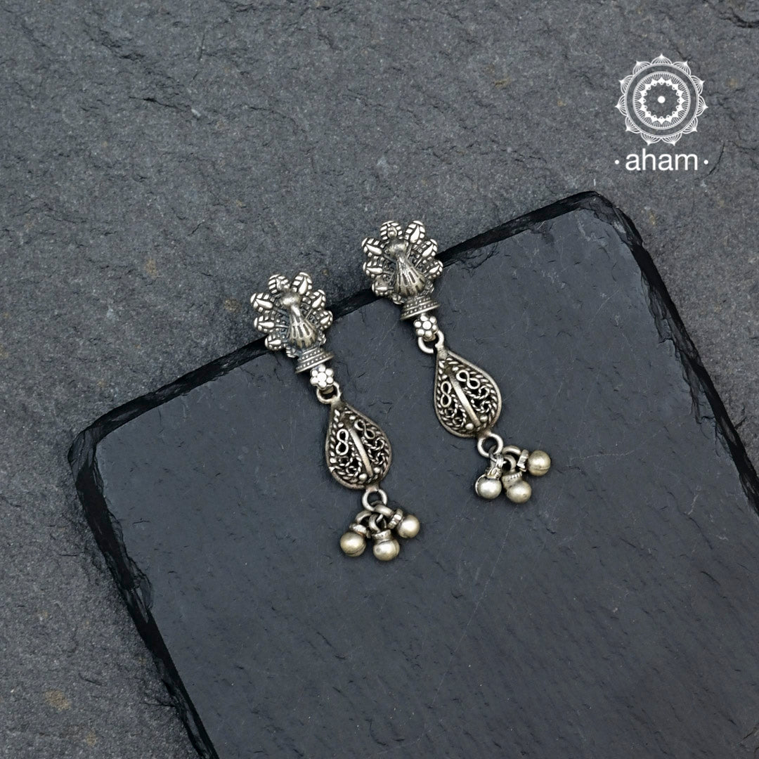 Mewad dainty peacock earrings handcrafted in 92.5 sterling silver. An ode to the glorious state of Rajasthan. Light weight great as everyday and ethnic wear. 