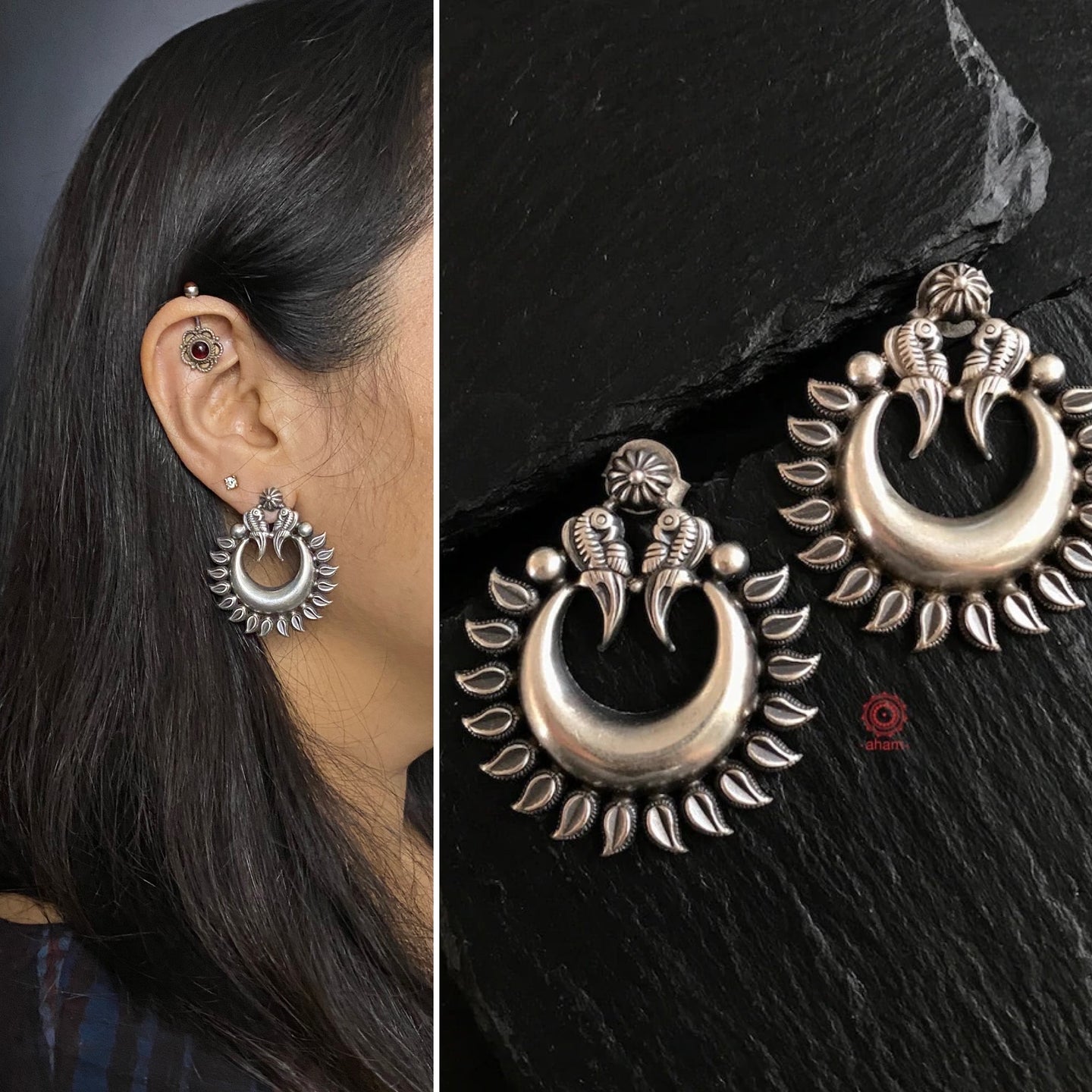 Classic 92.5 sterling silver Chandbali earring with parrot motif.  Light weight and easy to wear whole day long.