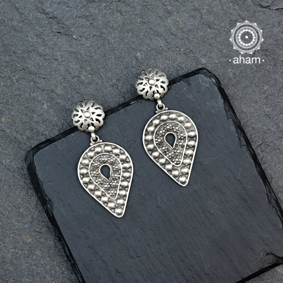 Mewad drop earrings handcrafted in 92.5 sterling silver with intricate floral work. An ode to the glorious state of  Rajasthan. Light weight great as everyday and ethnic wear. 
