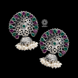 92.5 Sterling Silver Jhumkie with Green and Maroon stones.